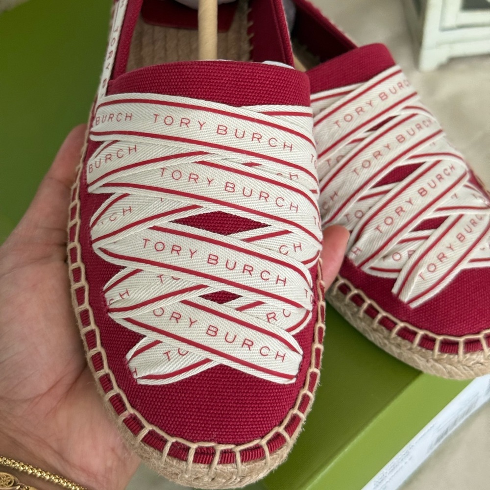 New TORY BURCH RIBBON ESPADRILLE OLONA IT - CANVAS  TORY RED/NEW CREAM - Picture 3 of 6